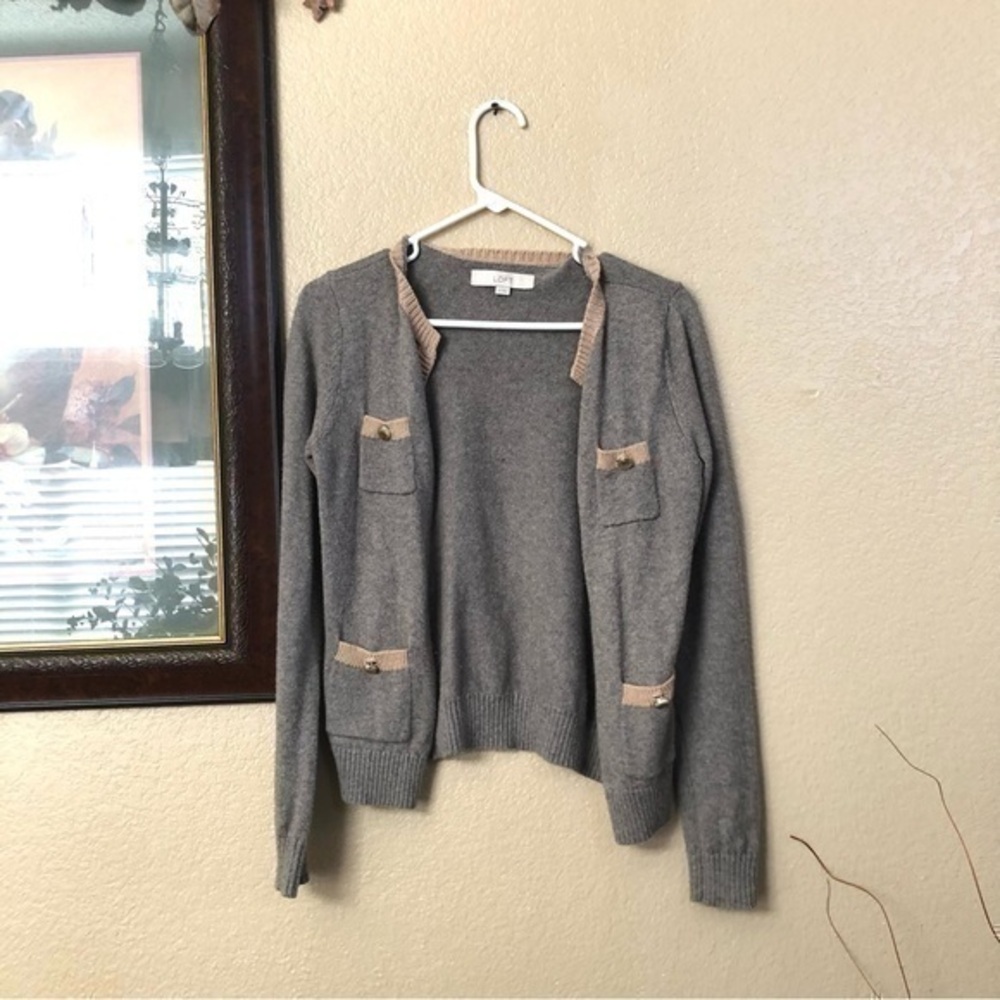 Loft Women's Gray Cardigan Sweater with Tan Trim